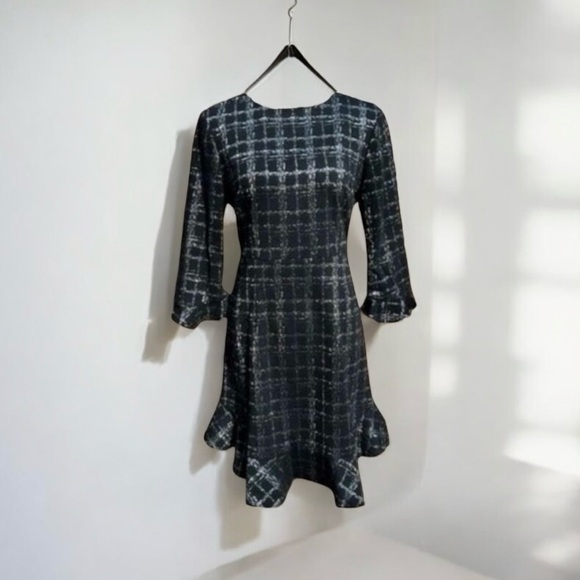 🌻NEW w/tag Nanette Lepore Gold Silver Metallic Plaid Ruffle Dress Size 8 - Picture 1 of 10